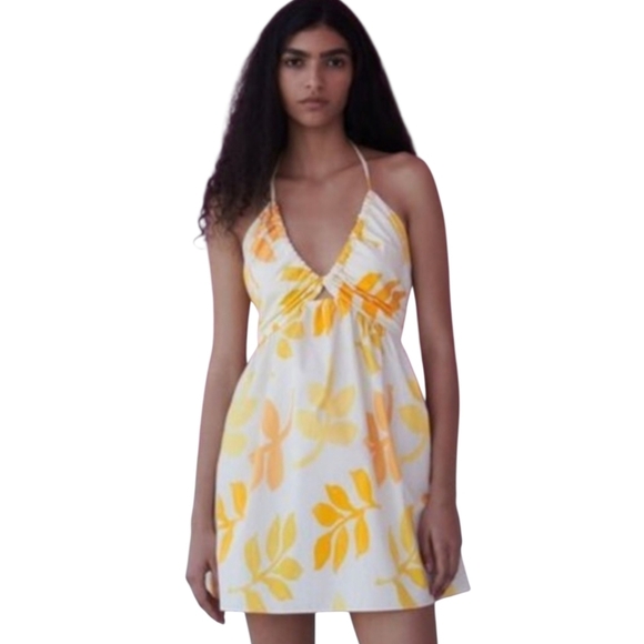 Zara Yellow Floral Halter Mini Sundress Size Medium - Picture 1 of 6